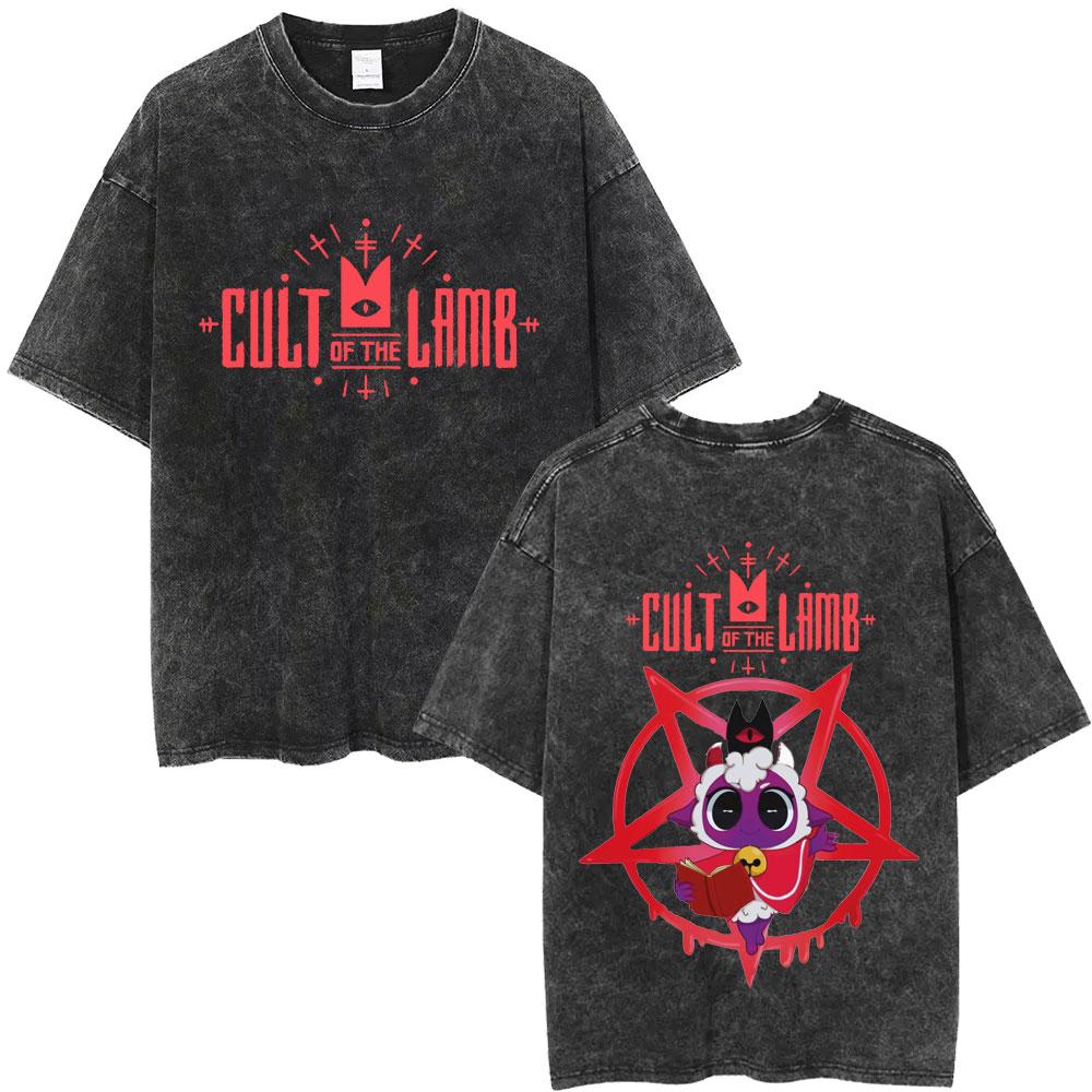 Washed Vintage Game Cult of The Lamb Funny Graphic Tshirt Men Women Casual Cotton Tshirts Mens Oversized Short Sleeve T Shirt