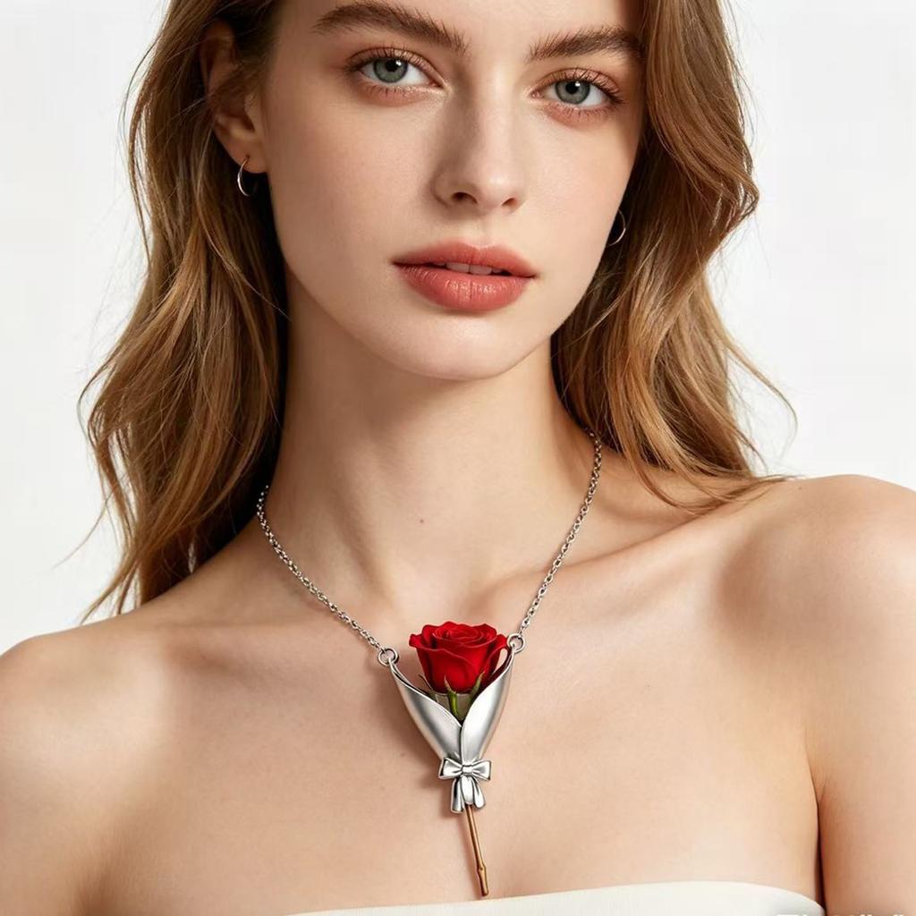 Flower Bouquet Necklace Flower Holder Necklace Pendant Creative Floral Vase Necklaces Mother's Day Jewelry Gift (No Flower)