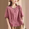 Летний Ретро Литературный Кардиган Хлопок и Лен Рубашка Карманный Дизайн Женский Повседневный Однобортный Короткий Рукав Темперамент