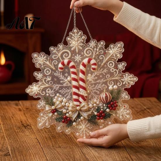 Festive Home Wall Decorations Christmas Faux Pearl Painting Suncatcher Art Kit, Acrylic Snowflake Shape Board Ornament Making Kits with Lace Edge, 3D