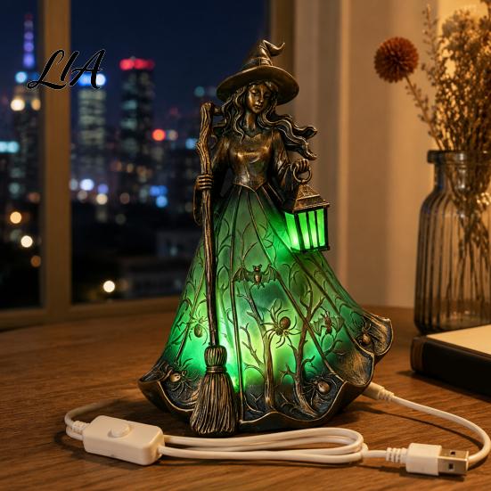 Witch Wizard Hat Lantern Halloween Tabletop Lamp, Gothic Night Light with Broom & Lantern, Unique Interior Accents USB Powered Spooky Ambient