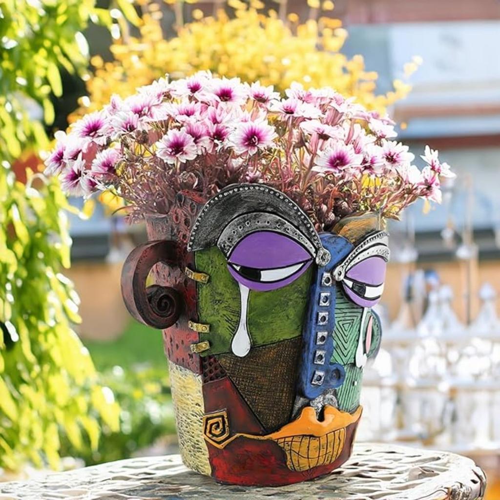 Unique Picasso-Inspired Abstract Face Flower Pot | Head Planter with Drainage Hole | Vibrant Colors & Quirky Art Decor (Tears)
