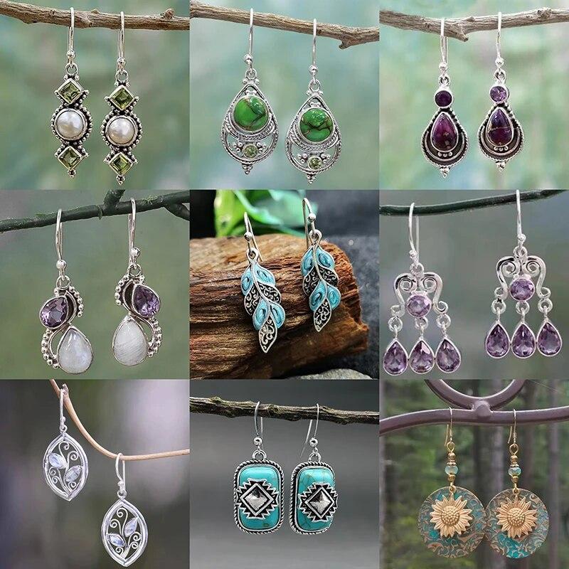Висячие серьги в стиле бохо для женщин, винтажные серьги-капли с селенитом и бирюзой, этнический ретро-кулон, крючок для ушей, пляжная вечеринка, ювелирные изделия, подарок