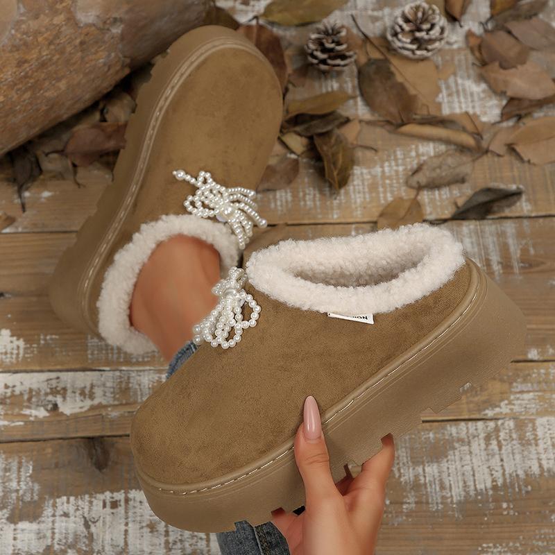 Модные тапочки с жемчугом на толстой подошве и плюшевой подкладке для женщин, уличные теплые зимние хлопковые туфли, женские больших размеров 36-43, нескользящие сноубутсы
