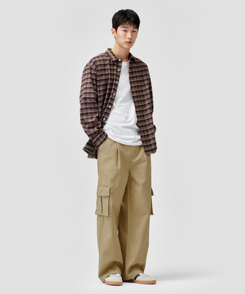 AGOD Wide Big Pocket Cotton Cargo Elastic Pants [Beige]