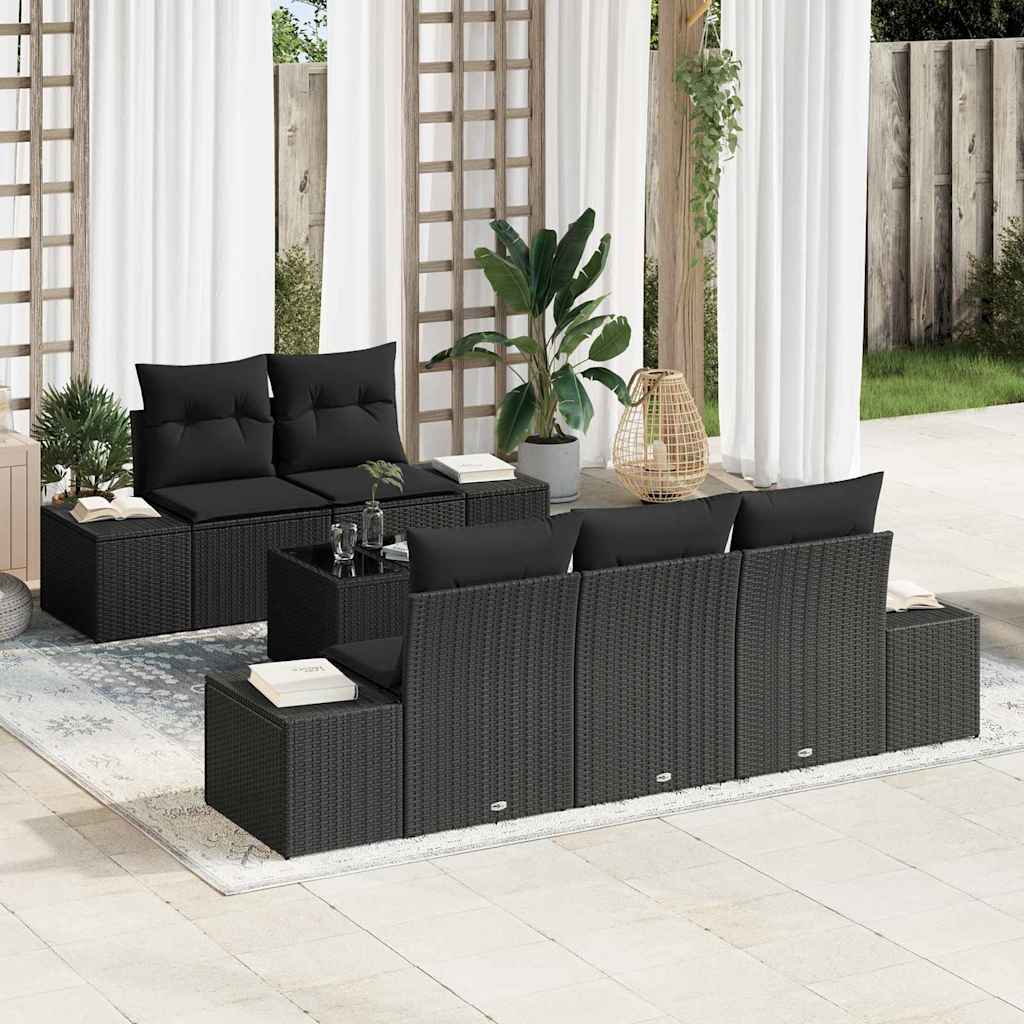 Sofa Set with Cushions Black Poly Rattan