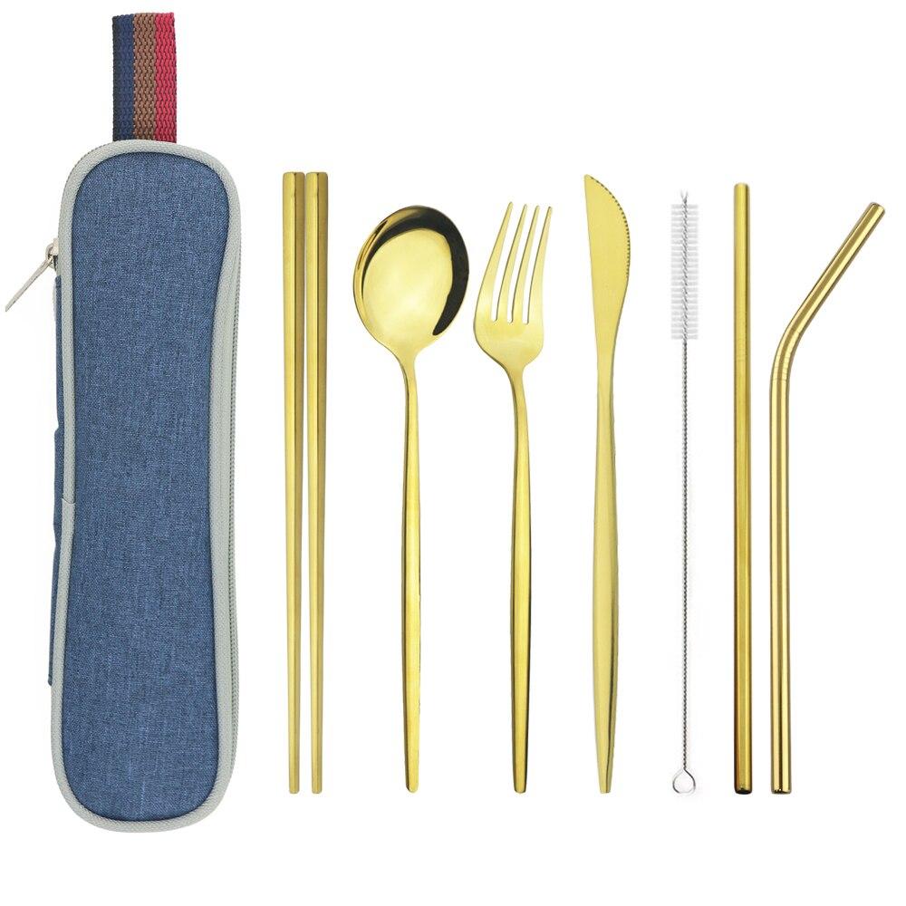 Серебряный набор столовой посуды, дорожный набор столовых приборов, многоразовое серебро, соломенные ложки, вилки, палочки для еды, кухонные аксессуары с сумкой