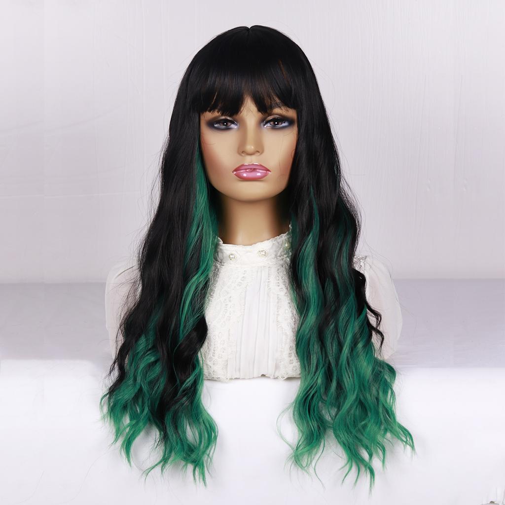 MERISIHAIR Green Wig with Bangs Blue Color Wig Wet and Wavy Long Loose Curly Wave Synthetic Heat Resistant Fiber Black Ombre Green Hair Wig for Women