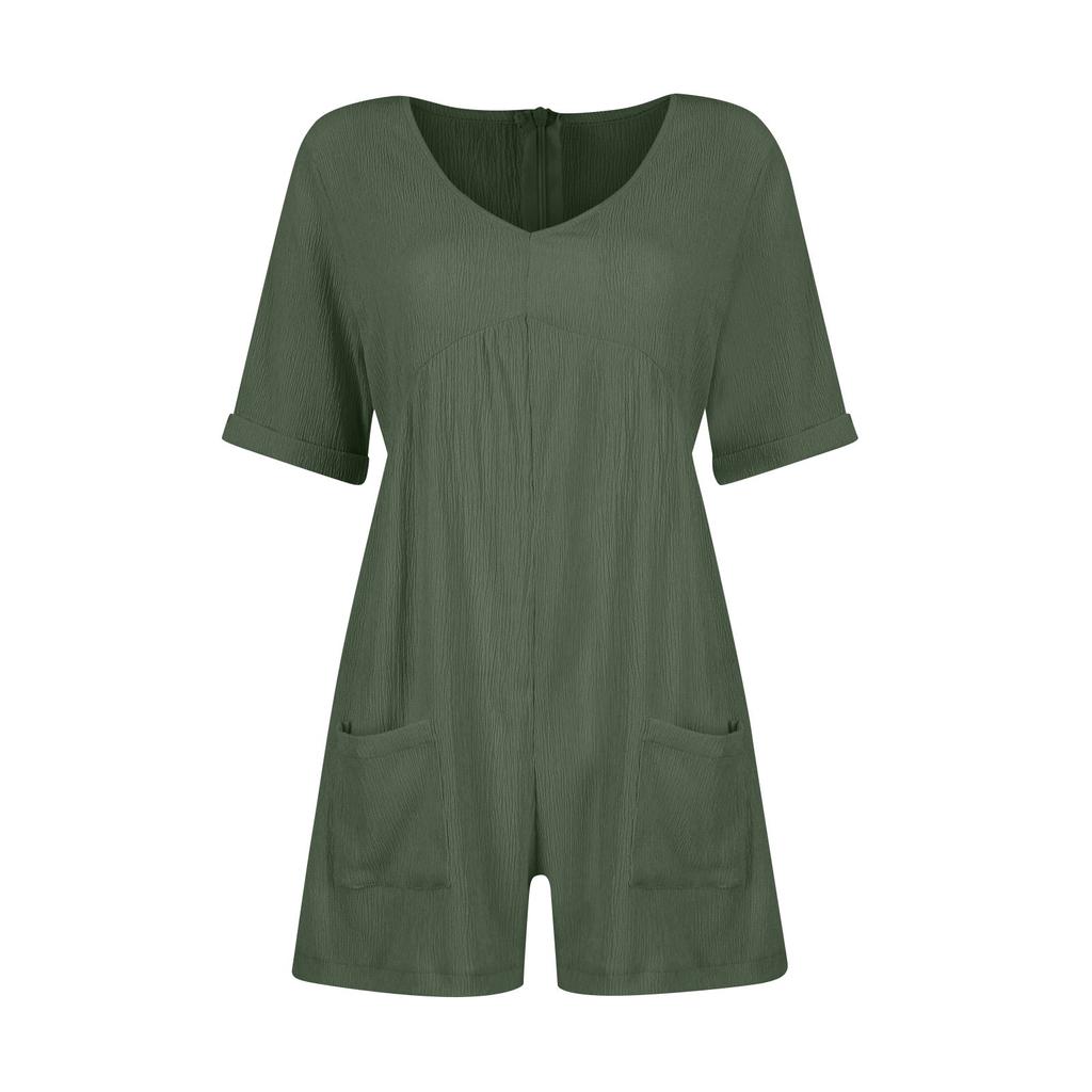 Women's Casual V-Neck Short Sleeve With Pockets Comfort Jumpsuit Shorts
