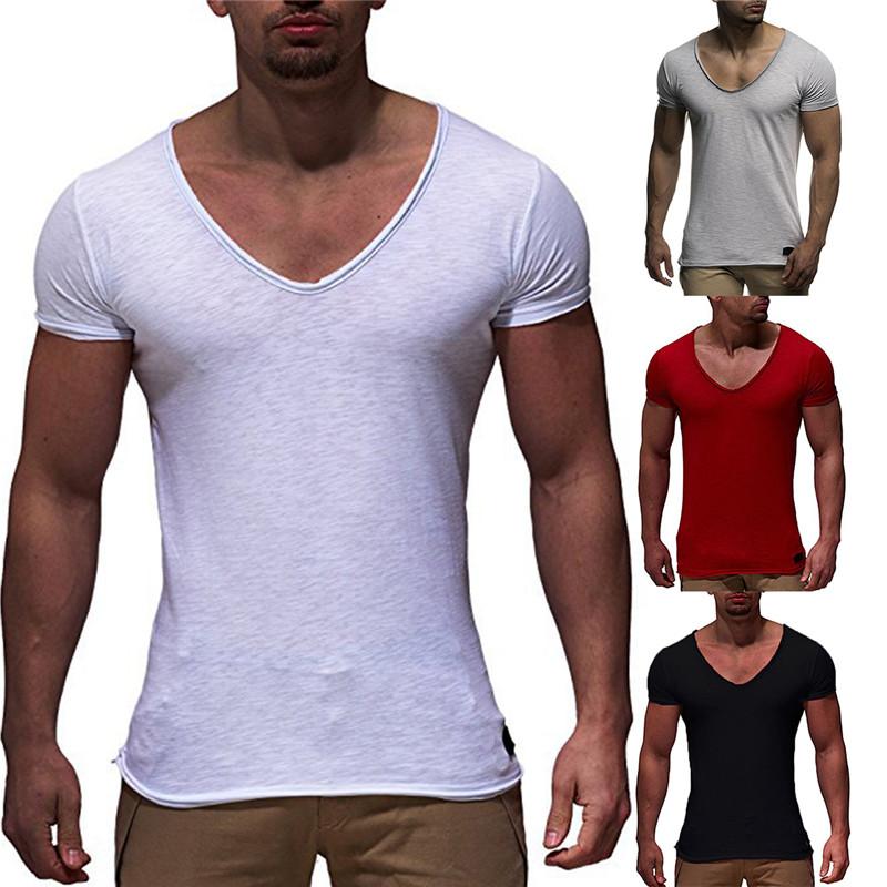 V-Neck Short Sleeve T-shirt Top Slim Muscle Casual T-shirt Men
