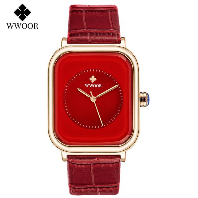 WWOOR Women Leather Strap Red Square Watch Simple Ladies Big Watches Top Brand Luxury Leather Waterproof Wrist Watch Reloj Mujer