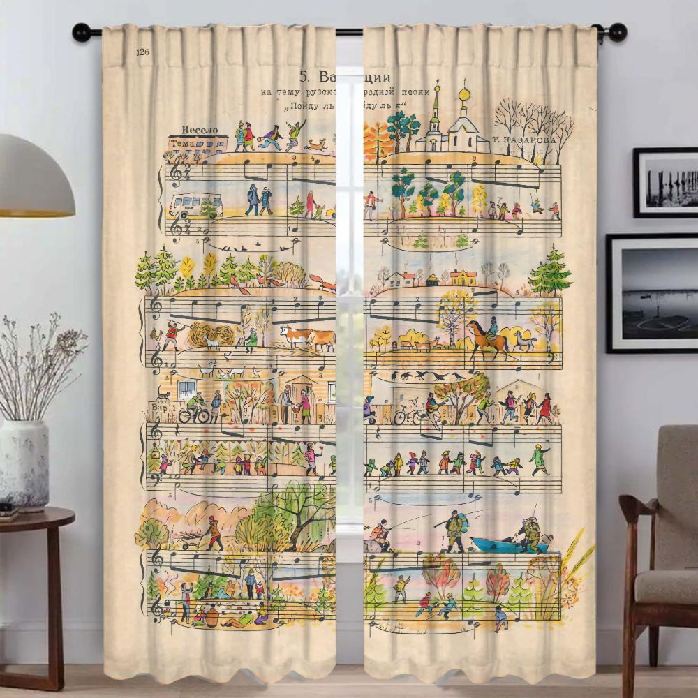 Vintage Music Note Anti-mosquito Curtains for Camera Window Curtain for Room 2 Panel Shades Home Interior Curtains Partition
