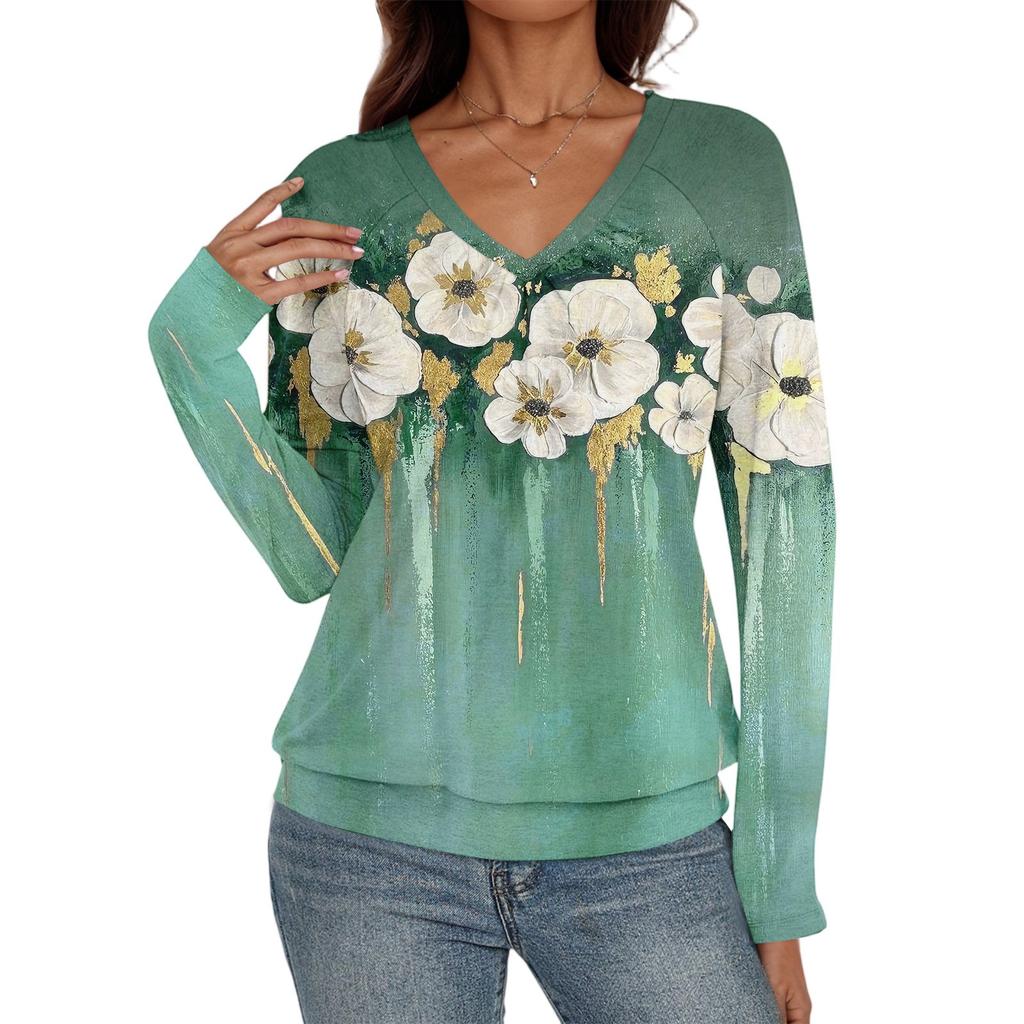 Женский повседневный модный топ с V-образным вырезом, рукавами реглан, плиссировкой и цветочным принтом, с длинным рукавом