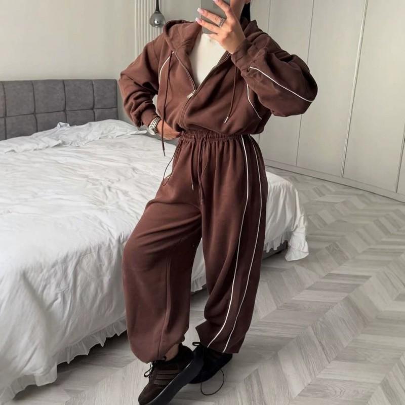 Womens Casual Cotton Blend Hoodie Set Long Sleeve Streetwear Two Piece Outfit Coffee Gray