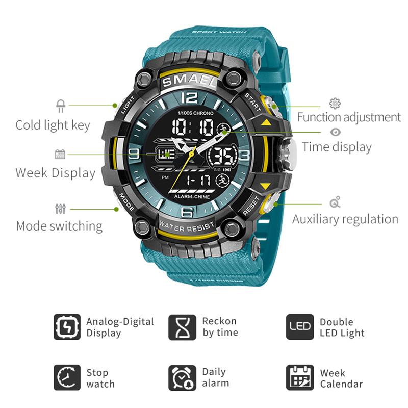 SMAEL Брендовые мужские спортивные часы с двойным дисплеем, аналоговые цифровые светодиодные электронные кварцевые наручные часы, водонепроницаемые военные часы для плавания 8089
