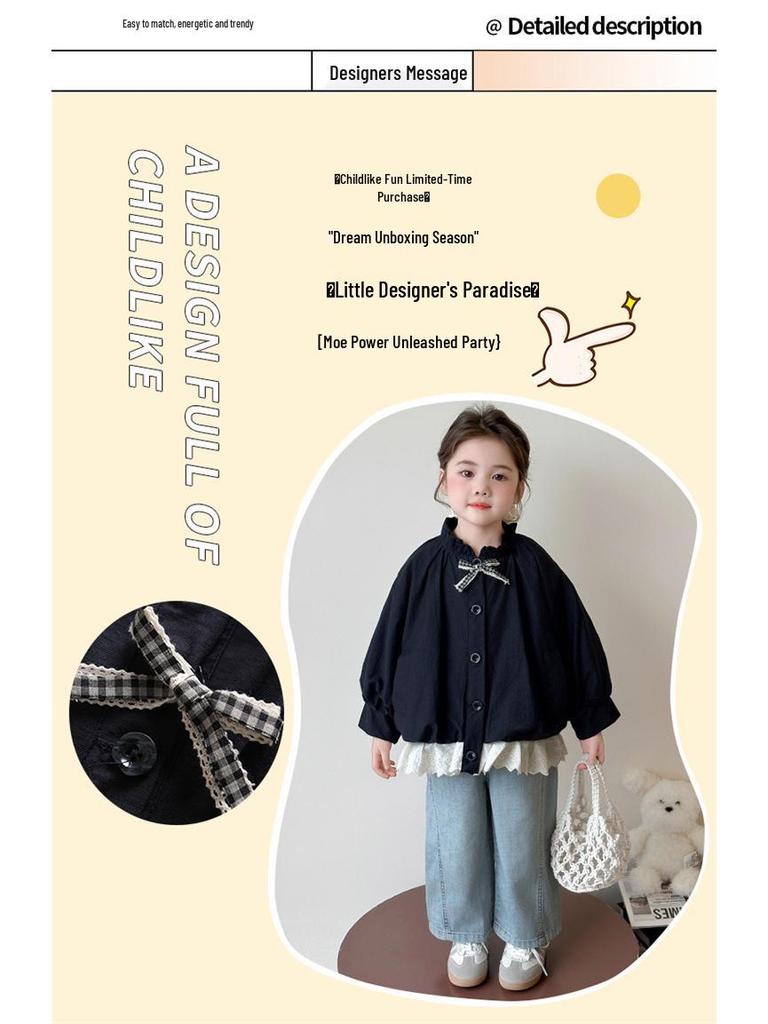 Куртка для девочек в корейском стиле с бантом - 2025 Весна/Осень Легкий модный топ