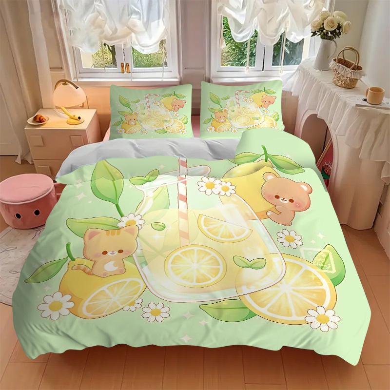 3pcs Drinks Kitten and Bear Printed Bedding Set, Soft and Comfortable Quilt Cover for Bedroom, Guest Room M053