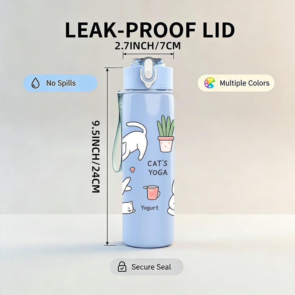 1PC Cute Cat Plant Line Art 750ml Color Plastic Sports Water Bottle Leakproof Flip Straw Lid Suitable for Sports Office Home Use
