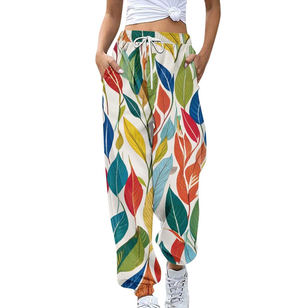 Women's Sports Pants With Pockets Fashion Floral Print Elastic Waist Pants Casual Sweatpants Pants