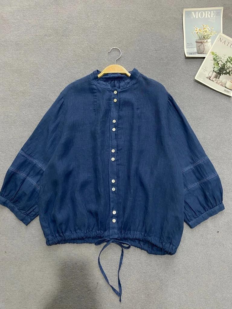 Johnature Spring Autumn Women Japanese Vintage Short Shirts Casual Stand Collar Loose All Match Female Tops