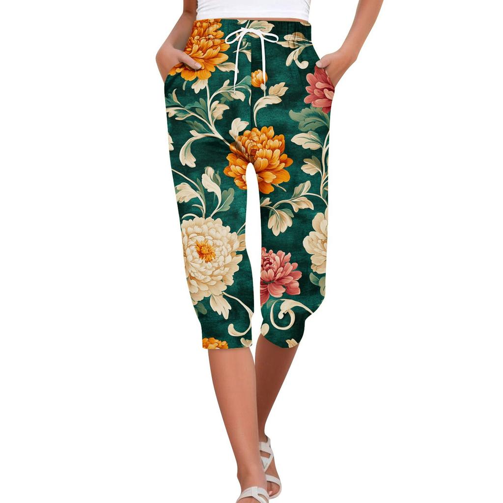 Женские летние повседневные свободные укороченные брюки с гавайским принтом и карманами