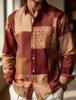 Men's Retro Patchwork Contrasting Geometric Long Sleeved Floral Shirt, European Loose Collared Button Street Casual Daily Vacati