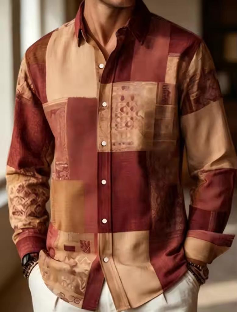Men's Retro Patchwork Contrasting Geometric Long Sleeved Floral Shirt, European Loose Collared Button Street Casual Daily Vacati