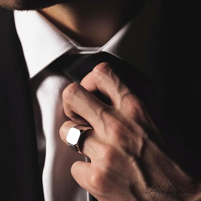 [ALOHAMONI] Seal Stand Ring Surgical Stainless Steel Matte Processing Hair Line Mat Finishing Seal Stand Stamp Ring Signet Square Ring Men's (Silver,