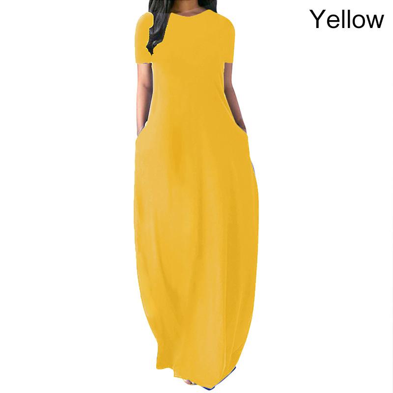 Women Long Dresses Evening Dress Short Sleeve Fashion O-Neck Elegant Summer Beach Dress Solid Color Casual Loose