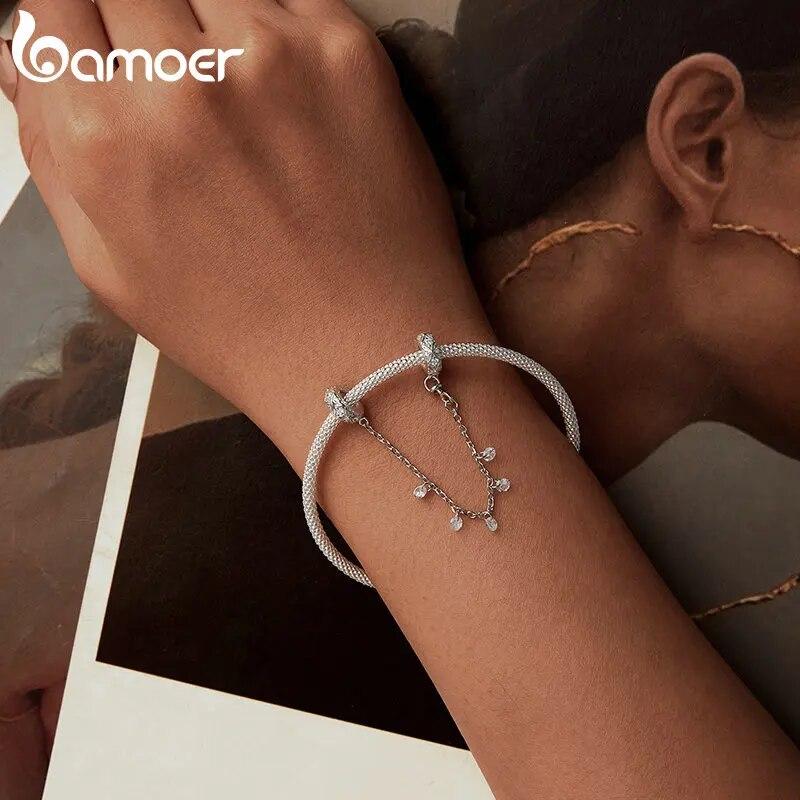 BAMOER Dainty Стерлинговое Серебро 925 пробы Тисненый Силиконовый Шарм CZ Защитная Цепочка для Женщин подходит Оригинальный Браслет Изящных Ювелирных Изделий