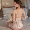 Women's Satin Stripe Heart Print Deep V Push Up Removable Pads Sleep Dress with Robe
