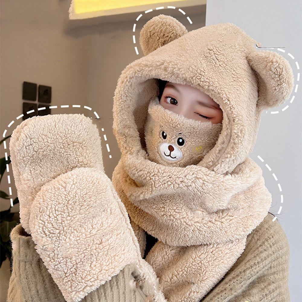Hat With Earmuffs Cute Cap Korean Cap With Mask Scarf Women Plush Hat Winter Gloves Lamb Fleece Hat