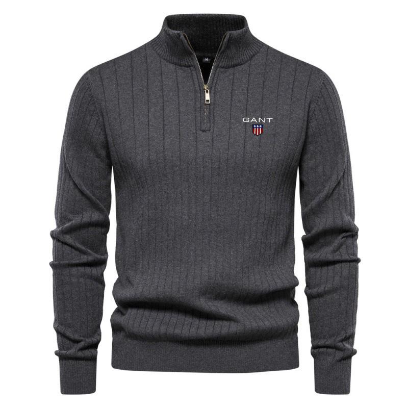 Gant Embroidered Stand Up Collar Cotton Men's Sweater Casual Half Zipper Solid Color Pullover High-quality Men's Knitted Sweater