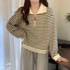 Топ женский осенний полосатый пуловер с половиной молнии с v-образным вырезом и длинными рукавами, свитер, свободные повседневные универсальные топы