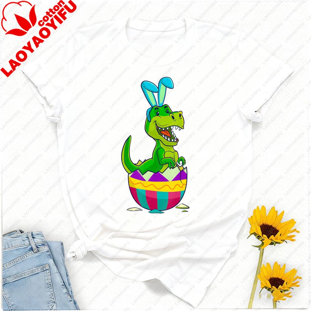 Pastel Easter Trex Bunny Tshirt Cartoon Dinosaur Hatching From Colorful Egg Cotton Casual Streetwear For Spring Celebrations
