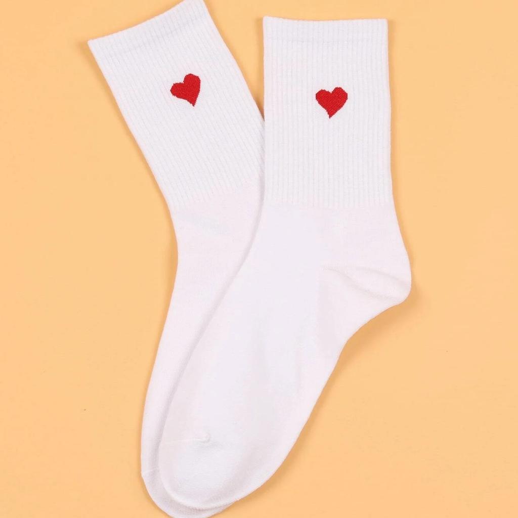 3/5/10/20 Pairs of Women's Crew Socks, White, Heart Pattern, Comfortable, Breathable, Moisture-Wicking