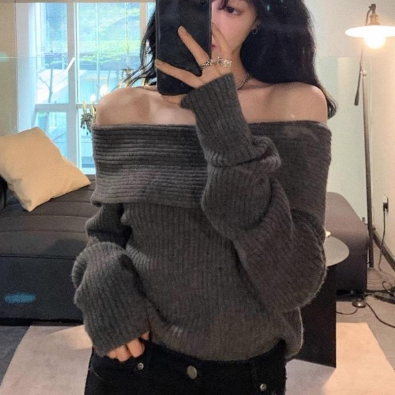 Осенние облегающие сексуальные свитера с открытыми плечами, вязаные свитера для женщин, модные повседневные зимние свитера с разрезом по шее, женские винтажные короткие джемперы, топы 25529