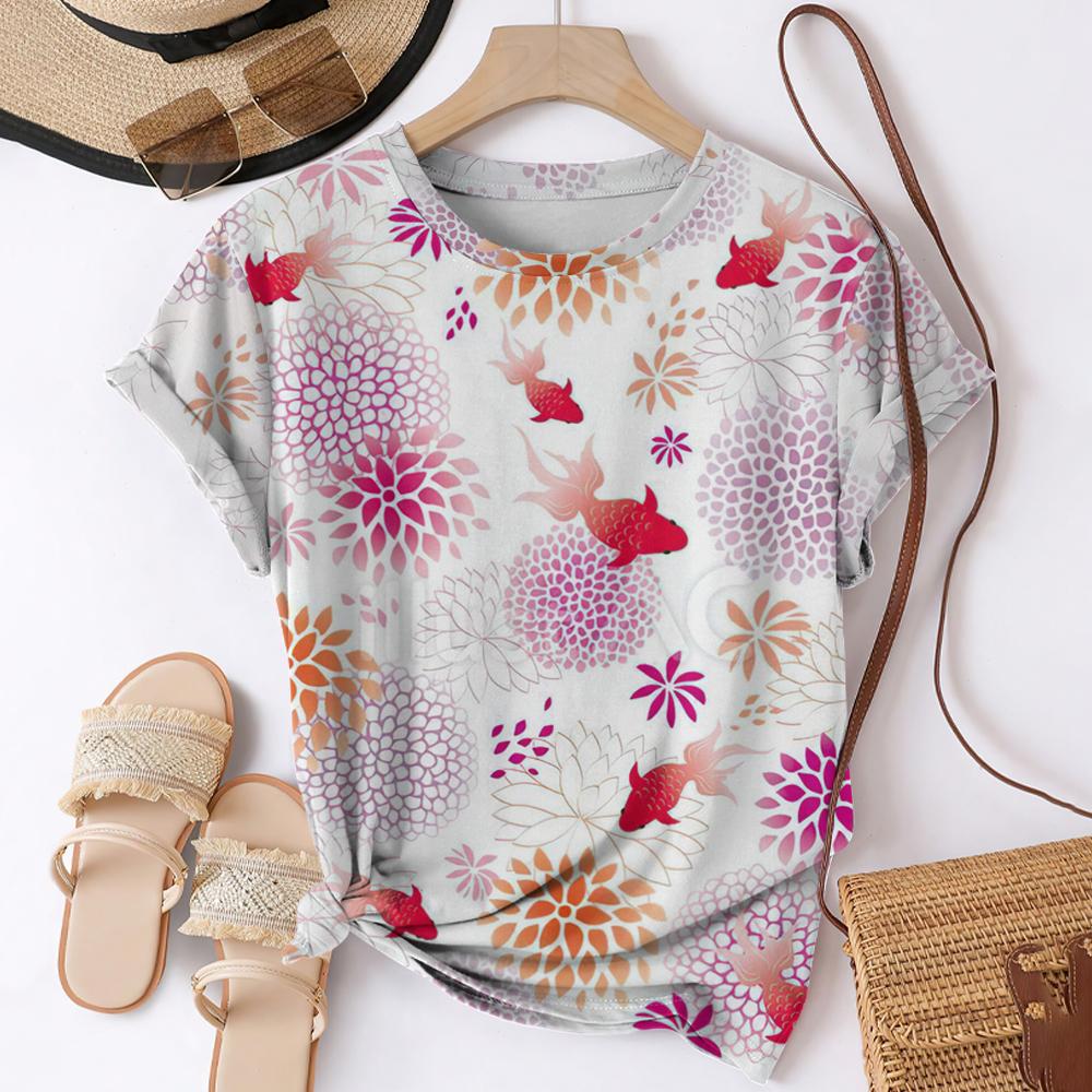 Футболки с 3D-принтом «Рыба кои» для женщин, уличная одежда, повседневная мода, Harajuku Y2k, футболка с коротким рукавом, футболки с круглым вырезом, топы, одежда