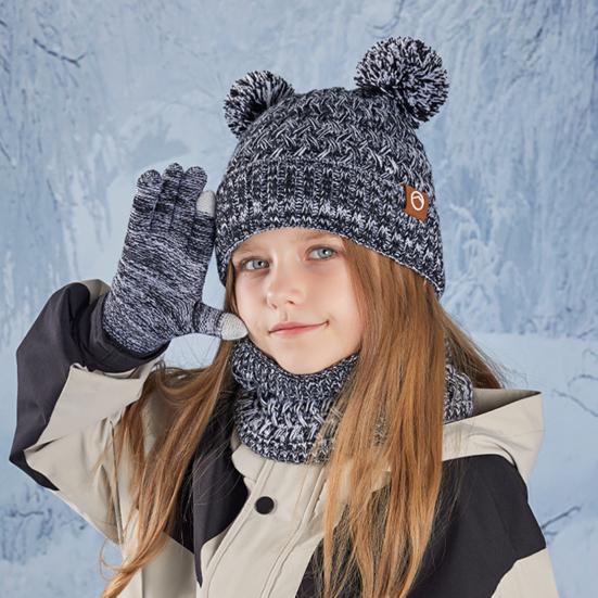 Kids Winter Hat Gloves Scarf Set Cold Weather Knitted Bear Hat with Pom Fleece Lined Neck Warmer Mitten Set for Girls Boys Ages 4-10