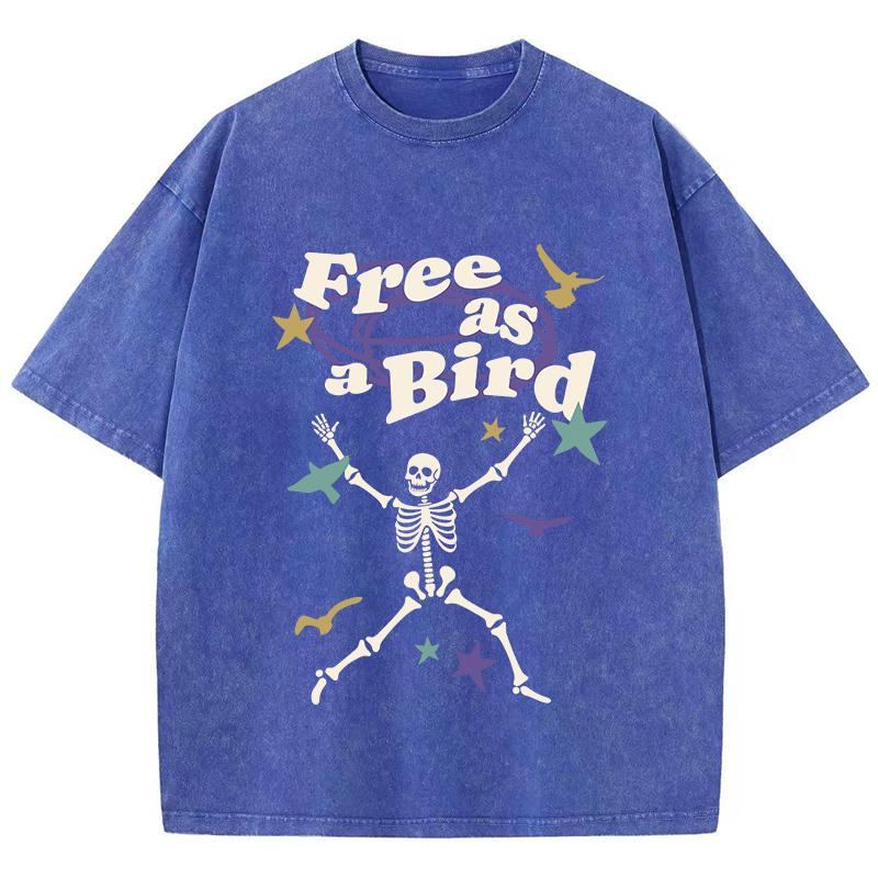 Женские стираные футболки Free As Bird Skeleton Man Printed Tee Shirts Удобные хлопковые футболки больших размеров Одежда