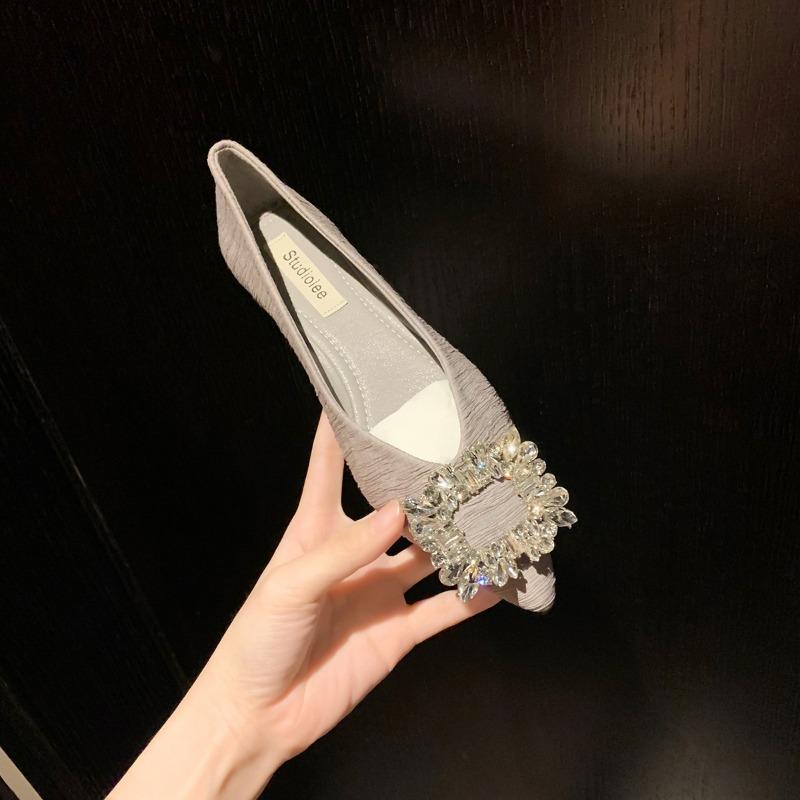 Premium square buckle rhinestone pointed head shallow mouth fairy flat shoes women's single shoes