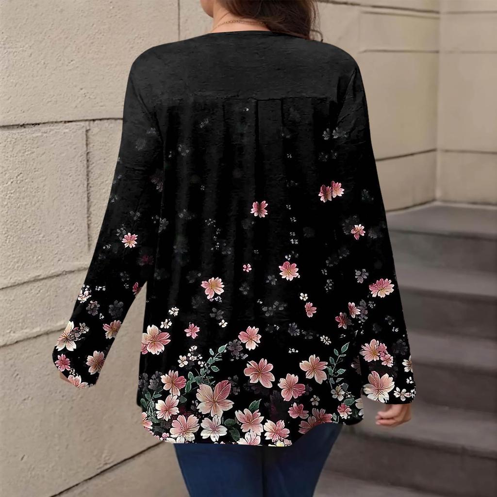 Женский модный топ большого размера с принтом, повседневный плиссированный, с круглым вырезом и длинными рукавами