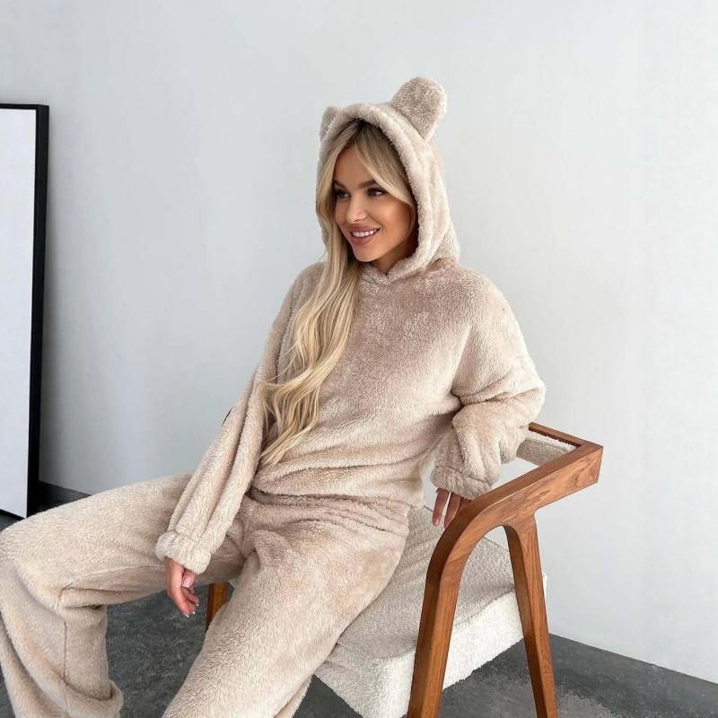 Womens Fuzzy Bunny Ear Hooded Winter Loungewear Set Warm 2 Piece Pajamas