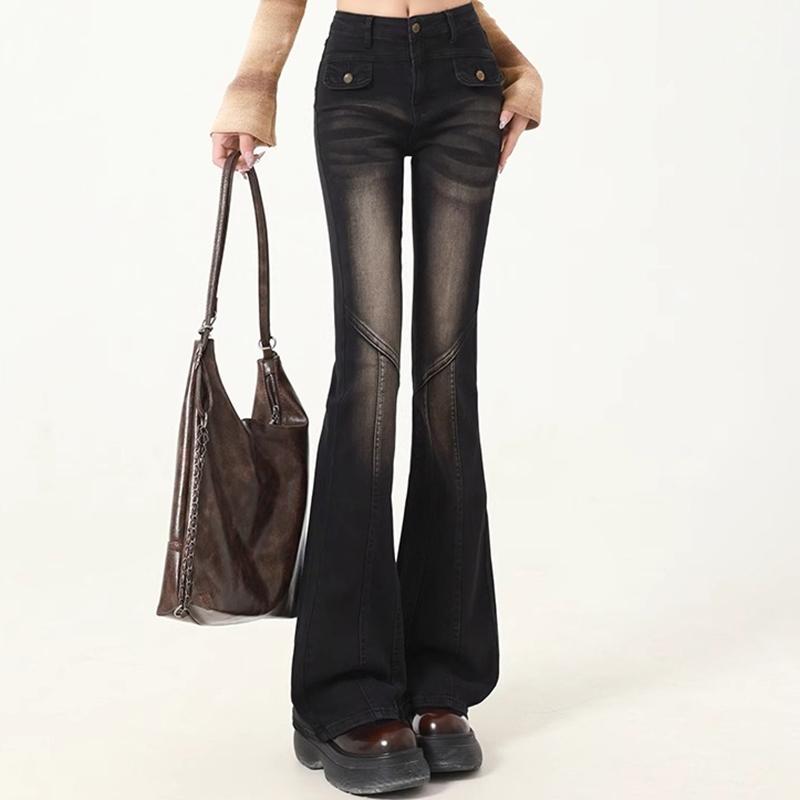 Весна и осень Женские джинсы с высокой талией и эластичными вставками, широкие джинсы, женские винтажные облегающие брюки-клеш, женские джинсовые брюки