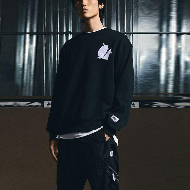 Anta Спортивный свободный пуловер с длинными рукавами, толстовка с геометрическим узором, буквенное обозначение, топы унисекс, черный 172218701R-2