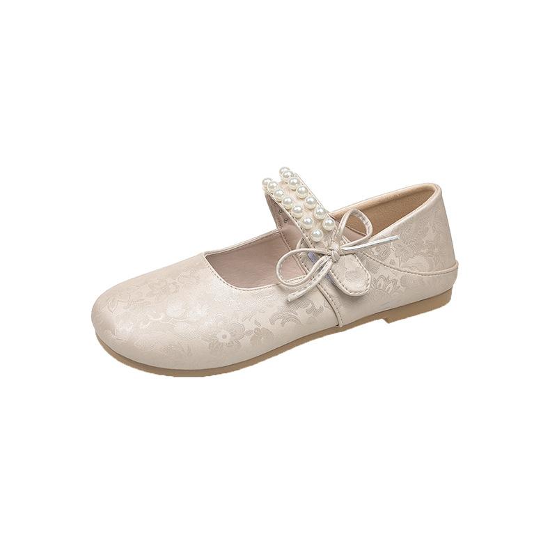 Mary Jane Shoes Women's Spring New Vintage Pearl One-Word Band Ballet Flats