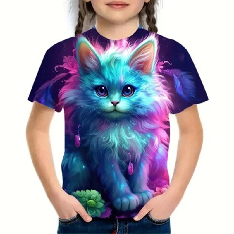 Children's Cartoon Kitten Print Cute Tie Dye Multi-color T-shirts Girls Fashionable Soft Comfortable T-shirt