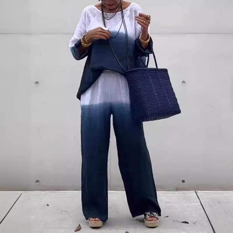 Женский комплект, модный топ из хлопка и льна с градиентом, топ с круглым вырезом с длинными рукавами и прямые брюки, комплект из двух предметов