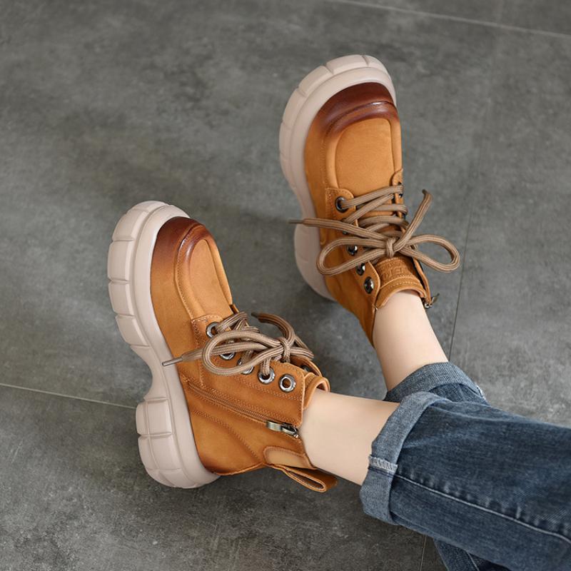 Johnature Genuine Leather Thick Sole Boots Vintage Versatile Lace Up Cowhide Short Boots