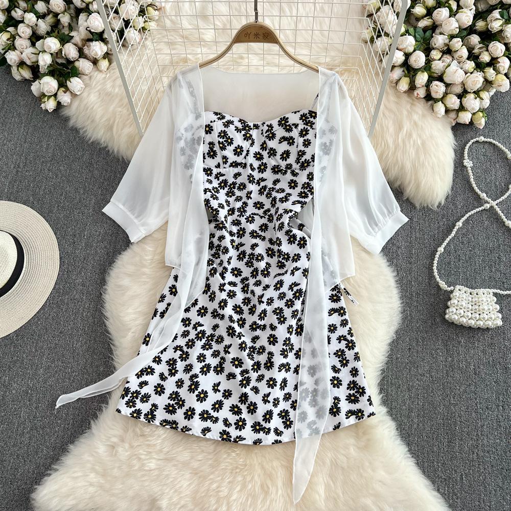 Women Summer Floral Print Two Piece Slim Vacation Elegant Ladies A Line Short Dress